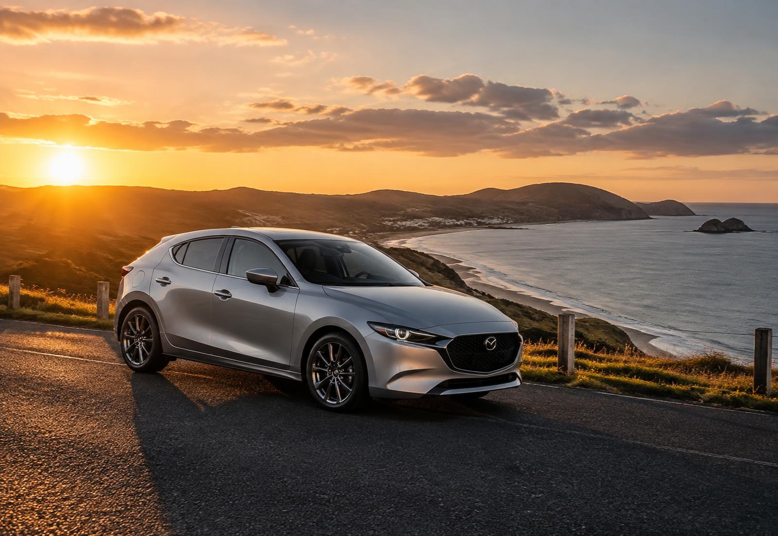 Car parked on a New Zealand coastal road at sunset